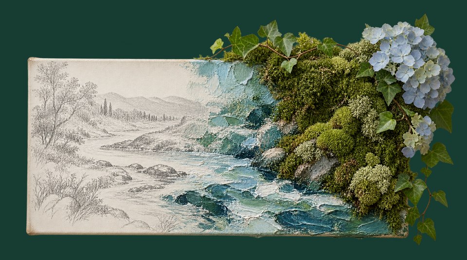 Ilustrace principu tvorby: kresba řeky přechází do olejomalby a vystupujícího mechu s modrými květy.